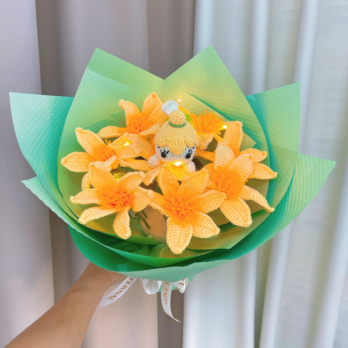 Enchanting Fairy Crochet Bouquet - Yellow Daffodil Flower with Green and Tiffany Blue Wrap Neverland Ballet Dance Performance Theatre Lovers Graduation Birthday Promotion Gift