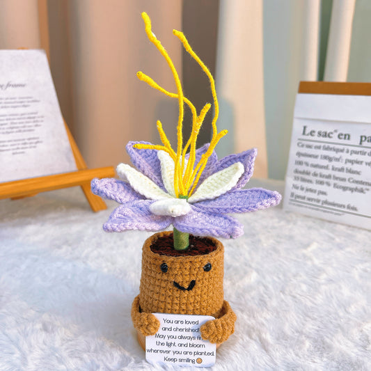 手作鉤織|七月生日花、睡蓮、客製化訊息卡片座|不過敏、永恆禮物、居家佈置、送禮