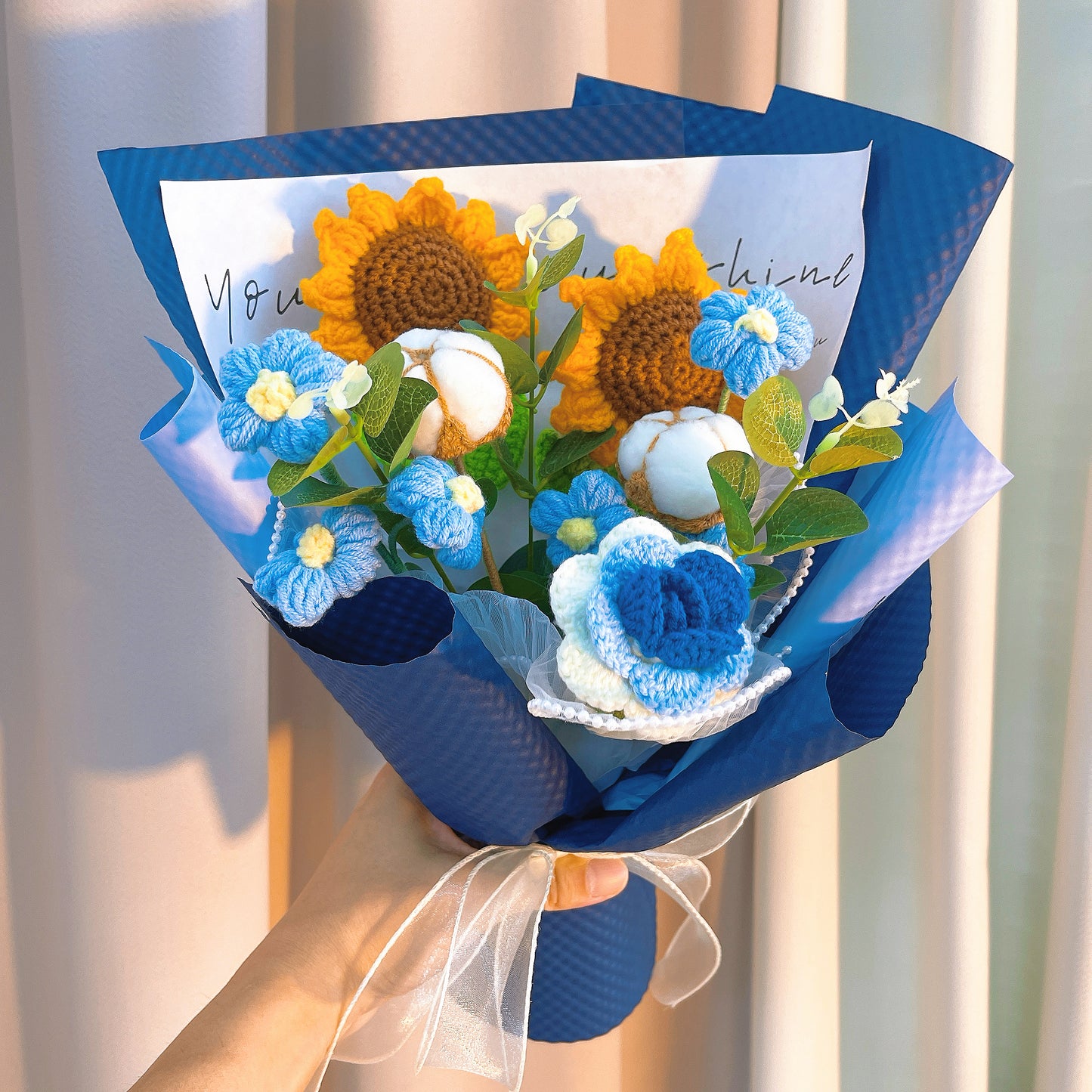 Blue Serenade: Handmade Crocheted Bouquet of Blue Flowers - Sunflowers, Pom-poms, Cotton, and Roses for Valentines