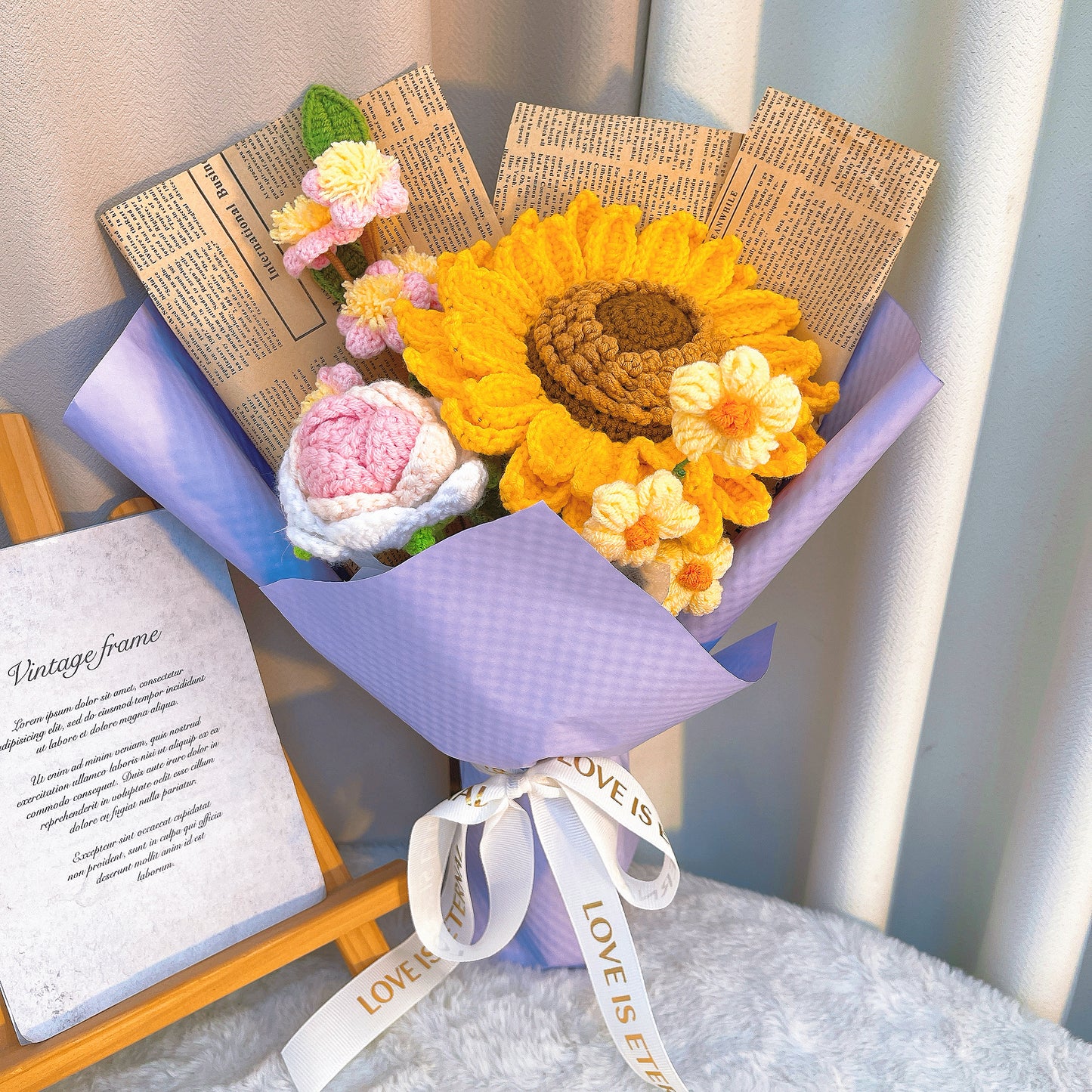 Handmade Crocheted Sunshine and Bliss Flower Bouquet - Sunflowers, Peach Blossoms, Pom-poms, Roses, Gift for Special Someone Birthday Anniversary - The Bloom Crafter
