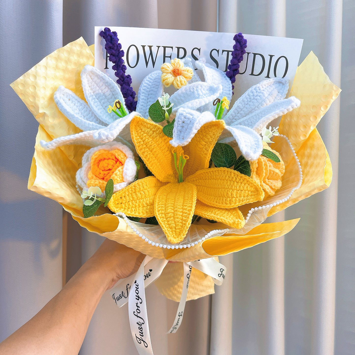 Gorgeous Hand-Crocheted Yellow Bouquet: Lily, Rose, Pom-Pom, and Lavender - The Bloom Crafter