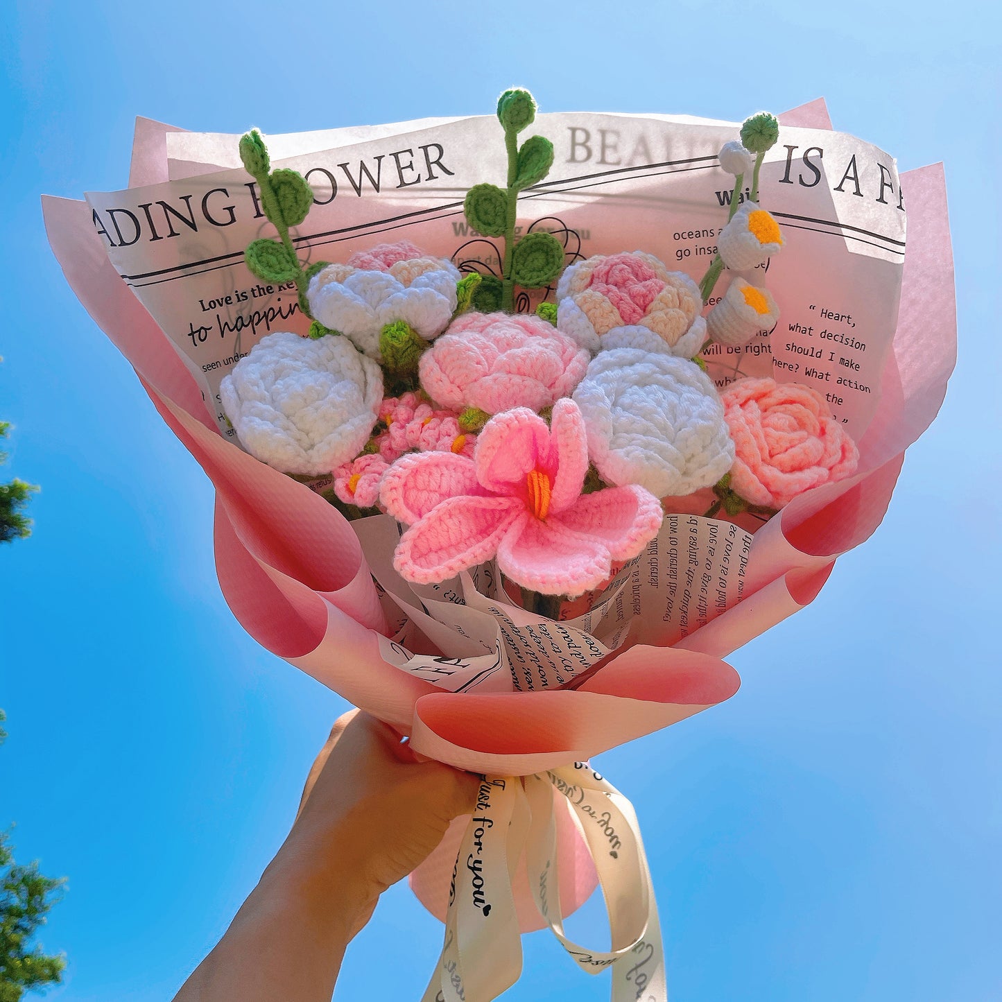 Handmade Crocheted Rose Bouquet with Lilies, Eucalyptus, Tulips, Forget-Me-Nots - The Bloom Crafter