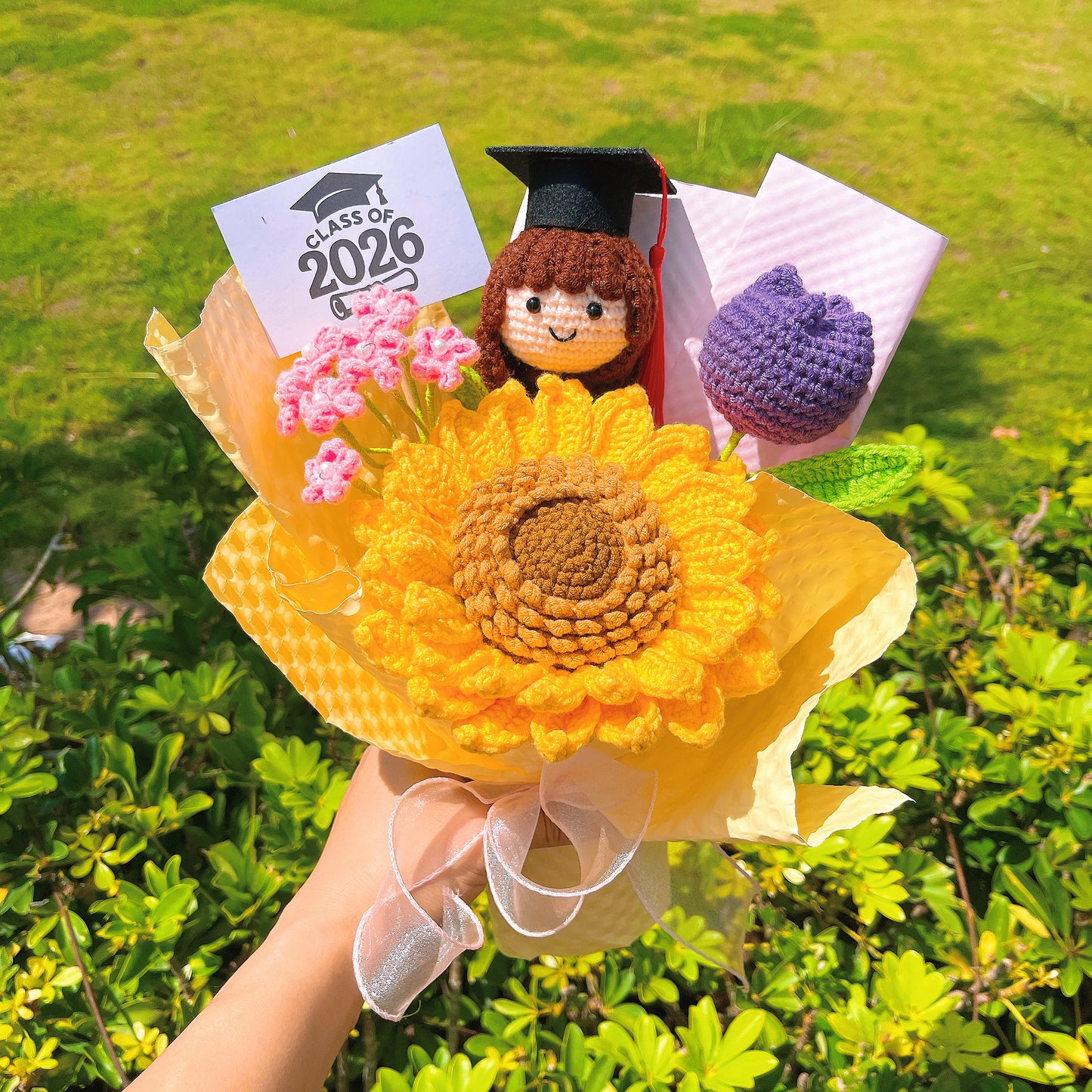 Handmade Crochet Graduation Bouquet Set for Him & Her – 2 Bundles with Large Double-Layer Seeded Sunflower, Graduation Cap Doll Head (Boy & Girl), for Graduation, Gift, Home Decor, Congratulation, Party Decoration – Eternal Crochet Flower Arrangement - The Bloom Crafter