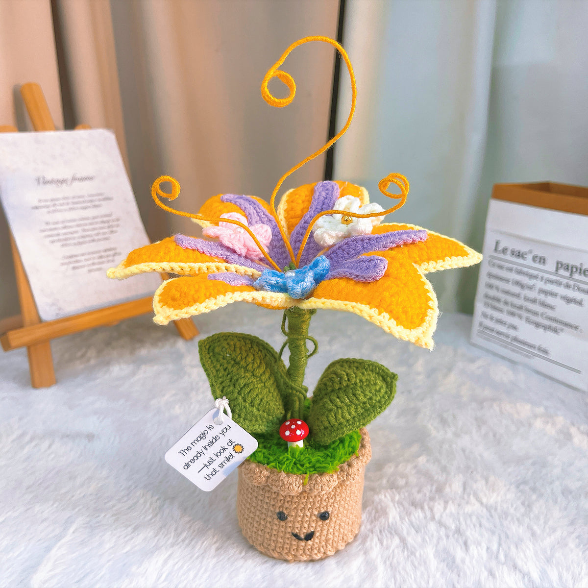 Handmade Crochet Lily Potted Plant with Customizable Supportive Message - Custom Card | Cute Face Planter | Gift for Birthday, Mother's Day, Valentine's