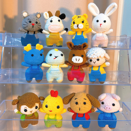 دمى حيوانات الأبراج الصينية الكروشيه - يدوية الصنع قابلة للتخصيص - فأر، ثور، نمر، أرنب، تنين، ثعبان، حصان، ماعز، قرد، ديك، كلب، خنزير