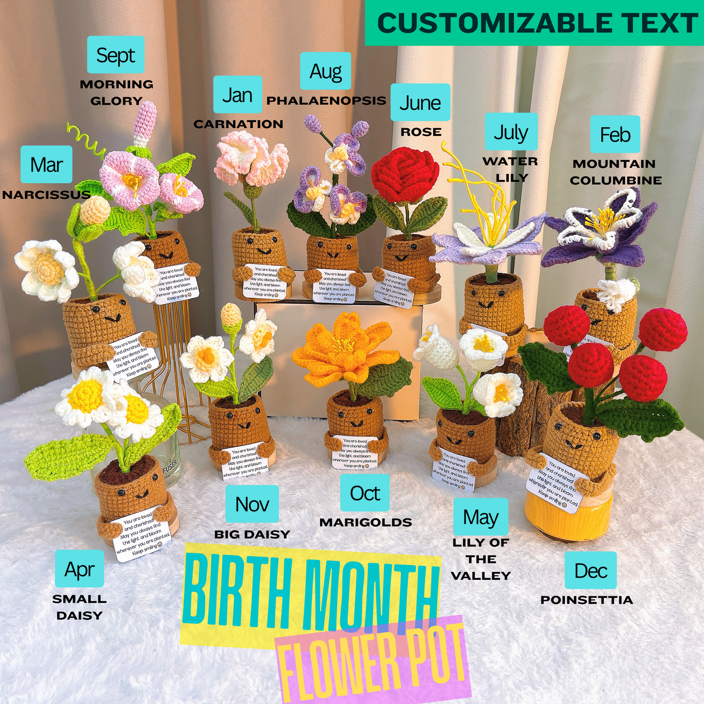 Custom Text Birth Month Flower Pot - Positive Supportive Personalizable Message Planter Stand, Hypoallergenic Gift for Birthday, Anniversary, Christmas, Potato Emotional Pick-me-up