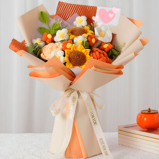 orange crochet flower with sunflowers