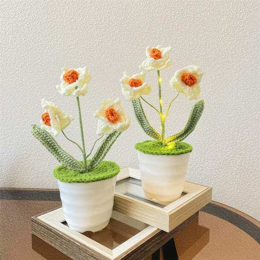 鉤針編織水仙盆栽 - 適合家中或辦公室的室內植物,手工製作,適合擺放臥室,永不凋謝之花,送她的禮物,小夜燈