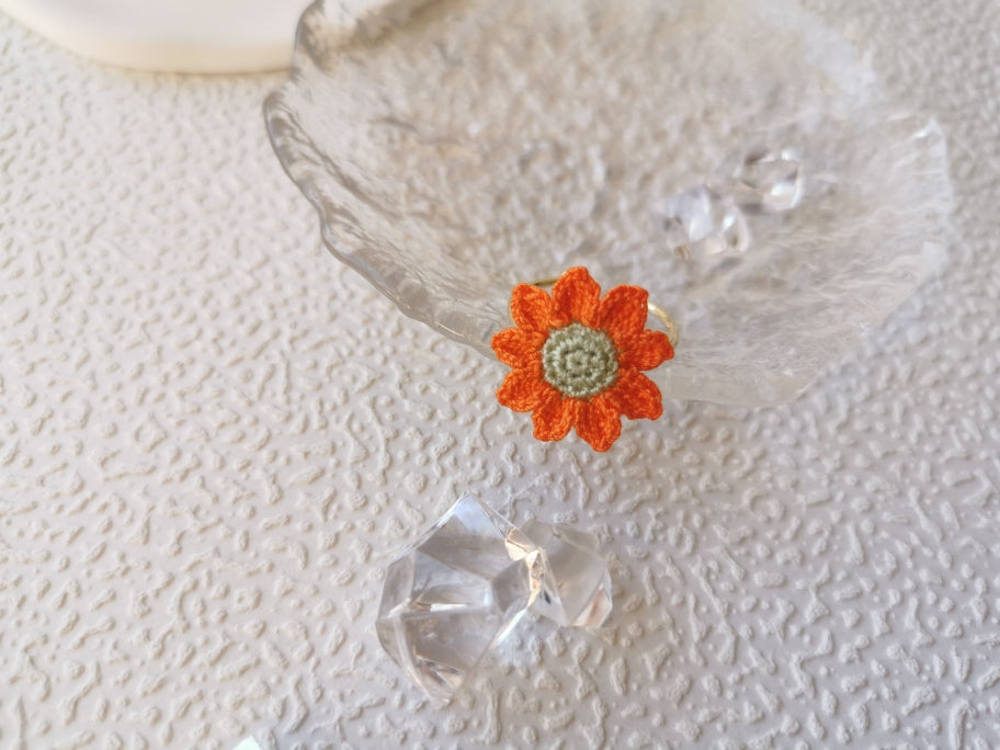 Sunflower Crochet Earrings & Rings - Handmade Lace Thread Micro Crochet Floral Ear Hooks, Studs, Dainty Rings - Hypoallergenic Flower Jewelry, Gift for Women, Boho Chic Accessories
