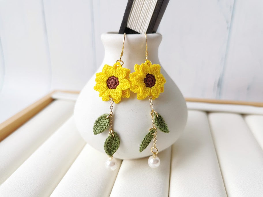Sunflower Crochet Earrings & Rings - Handmade Lace Thread Micro Crochet Floral Ear Hooks, Studs, Dainty Rings - Hypoallergenic Flower Jewelry, Gift for Women, Boho Chic Accessories