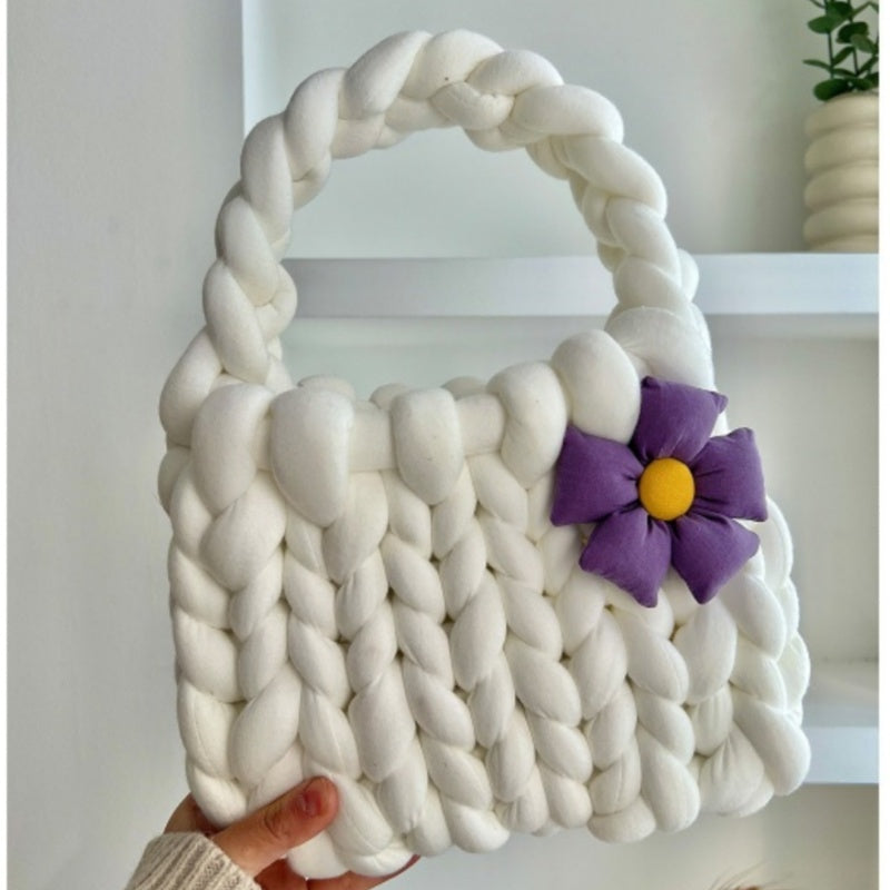 Handmade Crochet Tote Bag - Dopamine Flower Iceland Wool - Cute Women's Purse in 9 Colors: Cream, Avocado Green, Cherry Pink, Light Blue, Pink, Purple, Mint Green, White, Black