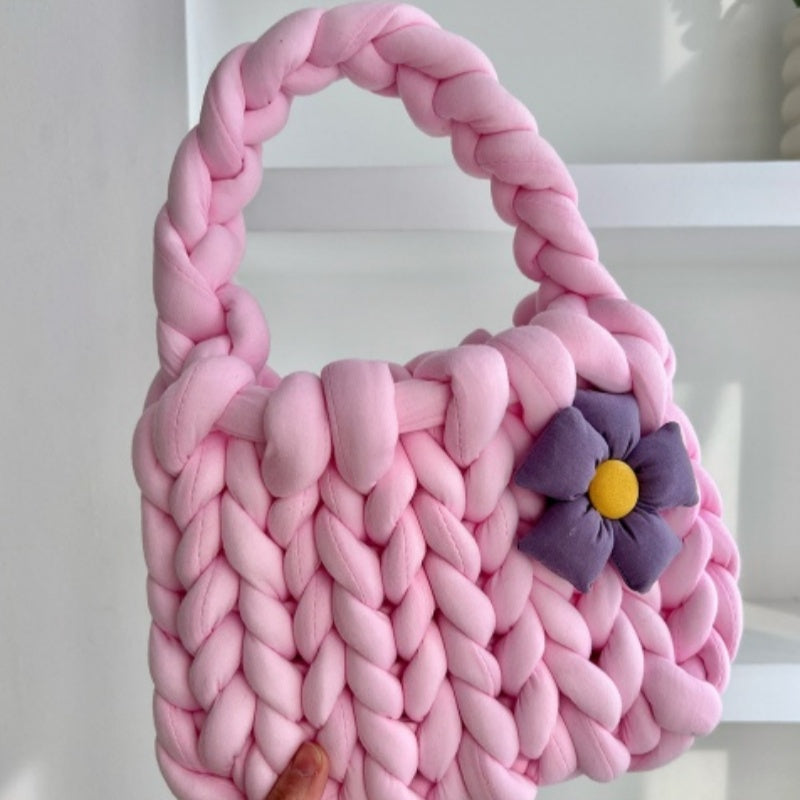 Handmade Crochet Tote Bag - Dopamine Flower Iceland Wool - Cute Women's Purse in 9 Colors: Cream, Avocado Green, Cherry Pink, Light Blue, Pink, Purple, Mint Green, White, Black