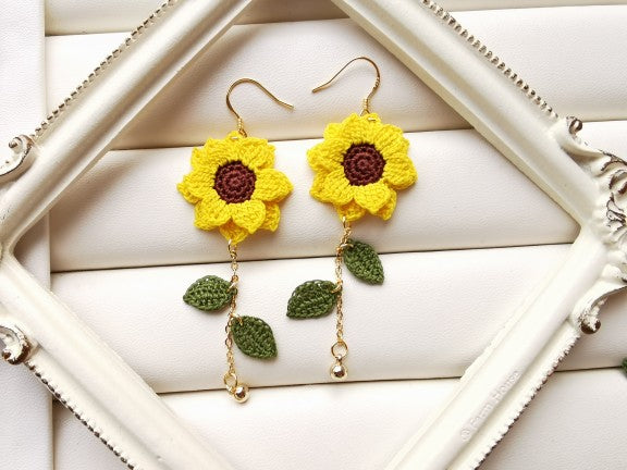 Sunflower Crochet Earrings & Rings - Handmade Lace Thread Micro Crochet Floral Ear Hooks, Studs, Dainty Rings - Hypoallergenic Flower Jewelry, Gift for Women, Boho Chic Accessories