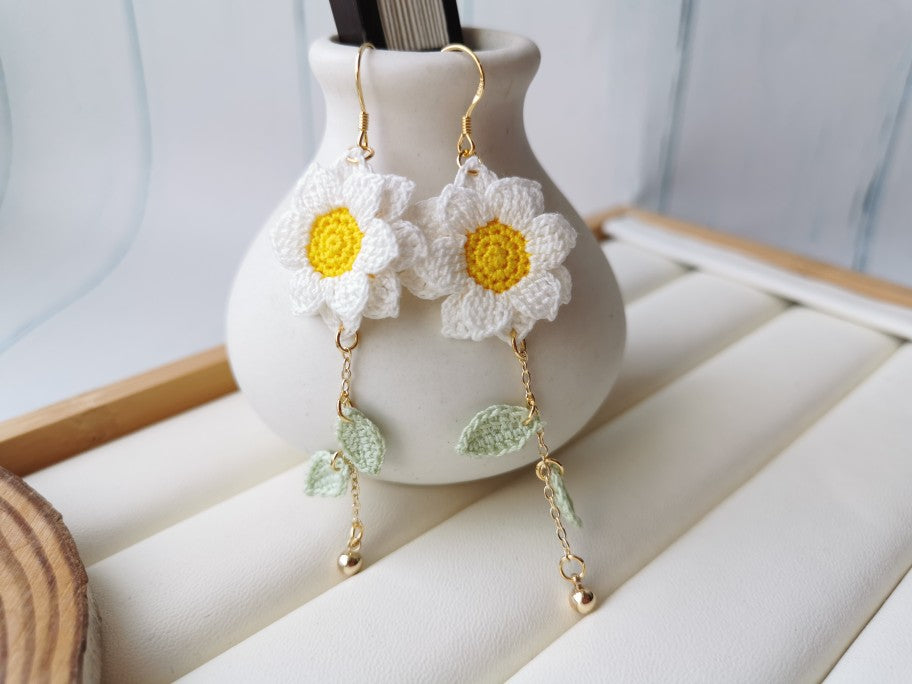 Sunflower Crochet Earrings & Rings - Handmade Lace Thread Micro Crochet Floral Ear Hooks, Studs, Dainty Rings - Hypoallergenic Flower Jewelry, Gift for Women, Boho Chic Accessories