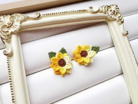 Sunflower Crochet Earrings & Rings - Handmade Lace Thread Micro Crochet Floral Ear Hooks, Studs, Dainty Rings - Hypoallergenic Flower Jewelry, Gift for Women, Boho Chic Accessories