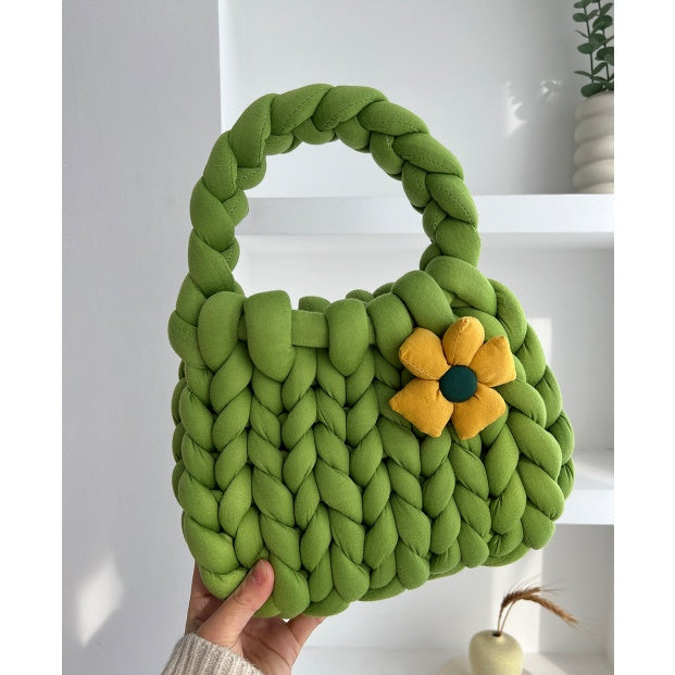 Handmade Crochet Tote Bag - Dopamine Flower Iceland Wool - Cute Women's Purse in 9 Colors: Cream, Avocado Green, Cherry Pink, Light Blue, Pink, Purple, Mint Green, White, Black