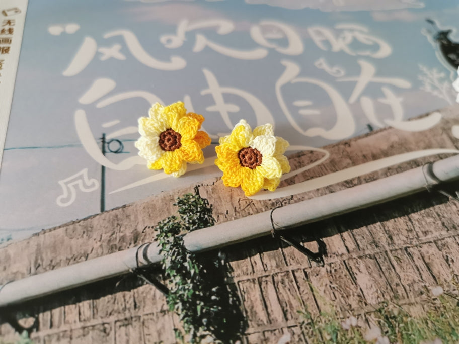Sunflower Crochet Earrings & Rings - Handmade Lace Thread Micro Crochet Floral Ear Hooks, Studs, Dainty Rings - Hypoallergenic Flower Jewelry, Gift for Women, Boho Chic Accessories