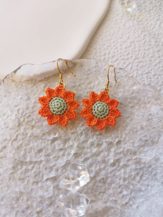 Sunflower Crochet Earrings & Rings - Handmade Lace Thread Micro Crochet Floral Ear Hooks, Studs, Dainty Rings - Hypoallergenic Flower Jewelry, Gift for Women, Boho Chic Accessories