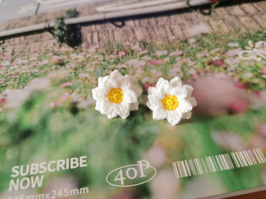 Sunflower Crochet Earrings & Rings - Handmade Lace Thread Micro Crochet Floral Ear Hooks, Studs, Dainty Rings - Hypoallergenic Flower Jewelry, Gift for Women, Boho Chic Accessories