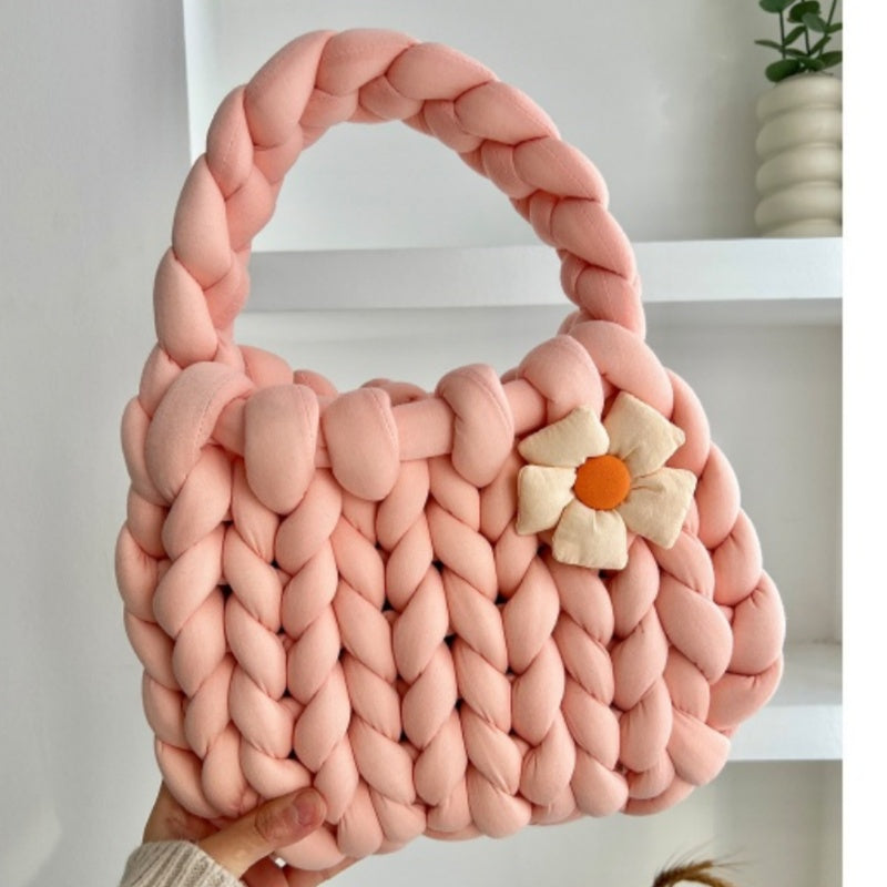 Handmade Crochet Tote Bag - Dopamine Flower Iceland Wool - Cute Women's Purse in 9 Colors: Cream, Avocado Green, Cherry Pink, Light Blue, Pink, Purple, Mint Green, White, Black