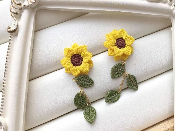 Sunflower Crochet Earrings & Rings - Handmade Lace Thread Micro Crochet Floral Ear Hooks, Studs, Dainty Rings - Hypoallergenic Flower Jewelry, Gift for Women, Boho Chic Accessories