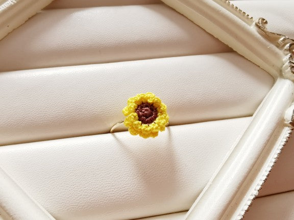 Sunflower Crochet Earrings & Rings - Handmade Lace Thread Micro Crochet Floral Ear Hooks, Studs, Dainty Rings - Hypoallergenic Flower Jewelry, Gift for Women, Boho Chic Accessories