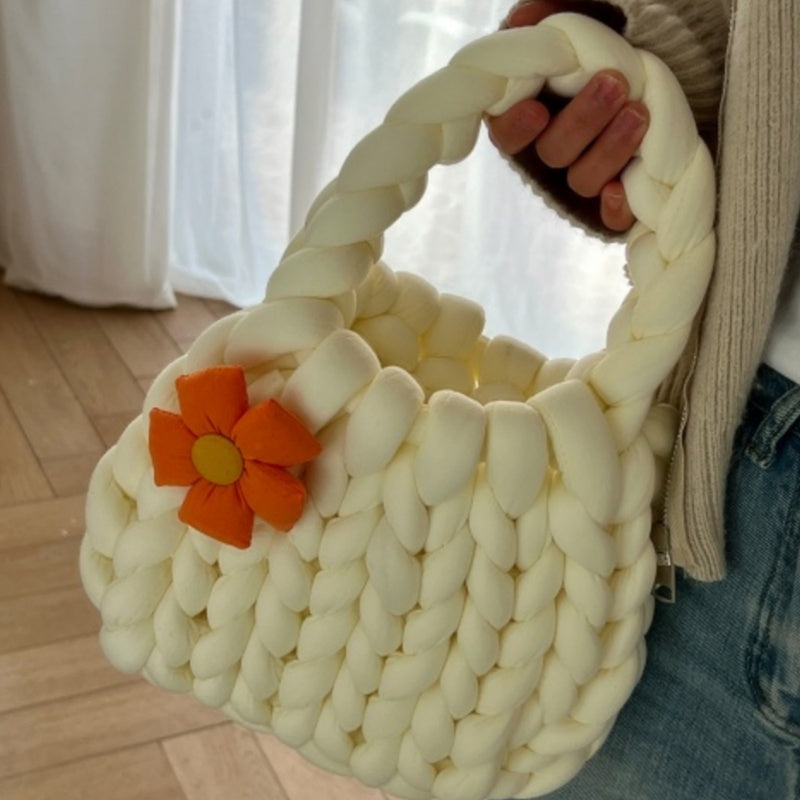 Handmade Crochet Tote Bag - Dopamine Flower Iceland Wool - Cute Women's Purse in 9 Colors: Cream, Avocado Green, Cherry Pink, Light Blue, Pink, Purple, Mint Green, White, Black
