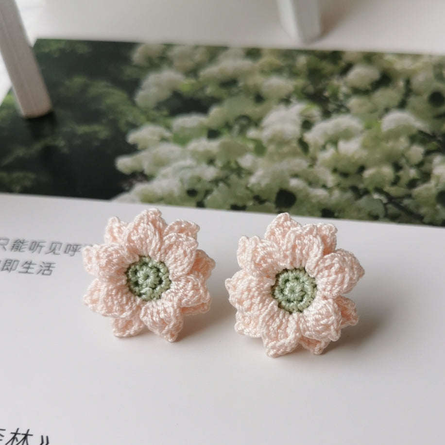 Sunflower Crochet Earrings & Rings - Handmade Lace Thread Micro Crochet Floral Ear Hooks, Studs, Dainty Rings - Hypoallergenic Flower Jewelry, Gift for Women, Boho Chic Accessories