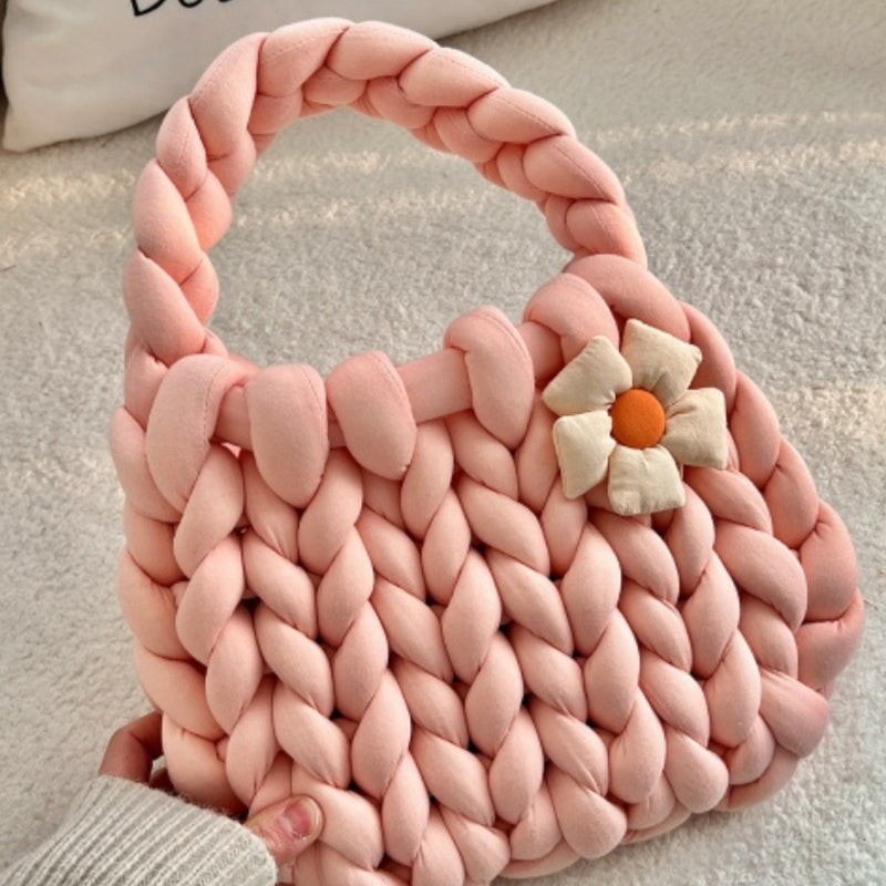 Handmade Crochet Tote Bag - Dopamine Flower Iceland Wool - Cute Women's Purse in 9 Colors: Cream, Avocado Green, Cherry Pink, Light Blue, Pink, Purple, Mint Green, White, Black