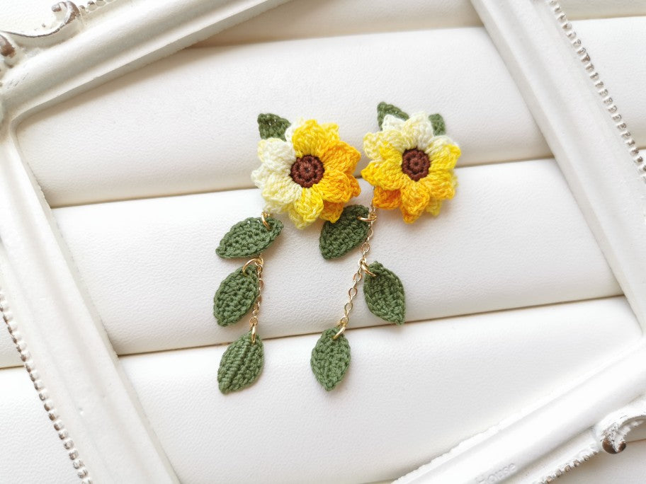 Sunflower Crochet Earrings & Rings - Handmade Lace Thread Micro Crochet Floral Ear Hooks, Studs, Dainty Rings - Hypoallergenic Flower Jewelry, Gift for Women, Boho Chic Accessories