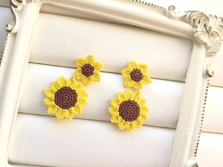 Sunflower Crochet Earrings & Rings - Handmade Lace Thread Micro Crochet Floral Ear Hooks, Studs, Dainty Rings - Hypoallergenic Flower Jewelry, Gift for Women, Boho Chic Accessories