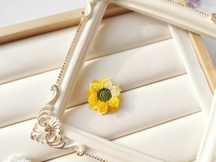 Sunflower Crochet Earrings & Rings - Handmade Lace Thread Micro Crochet Floral Ear Hooks, Studs, Dainty Rings - Hypoallergenic Flower Jewelry, Gift for Women, Boho Chic Accessories