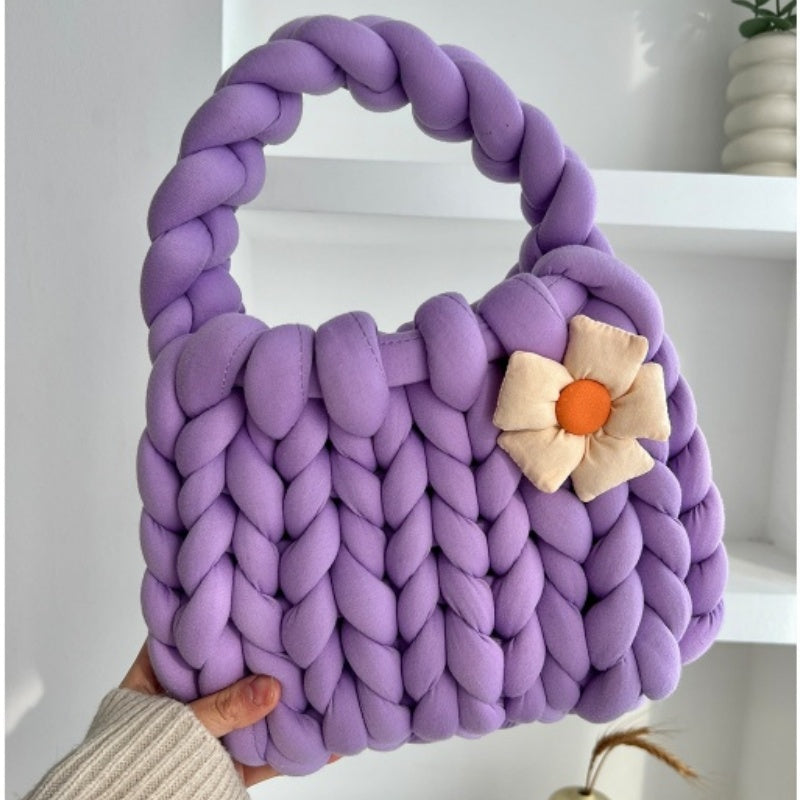 Handmade Crochet Tote Bag - Dopamine Flower Iceland Wool - Cute Women's Purse in 9 Colors: Cream, Avocado Green, Cherry Pink, Light Blue, Pink, Purple, Mint Green, White, Black