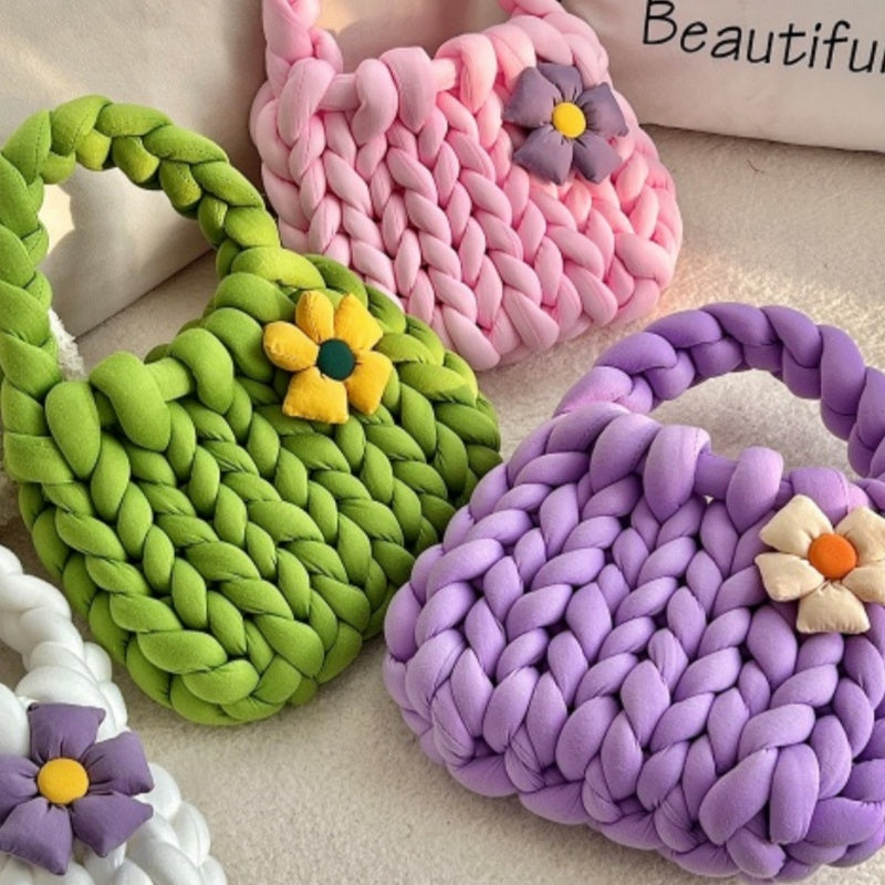 Handmade Crochet Tote Bag - Dopamine Flower Iceland Wool - Cute Women's Purse in 9 Colors: Cream, Avocado Green, Cherry Pink, Light Blue, Pink, Purple, Mint Green, White, Black