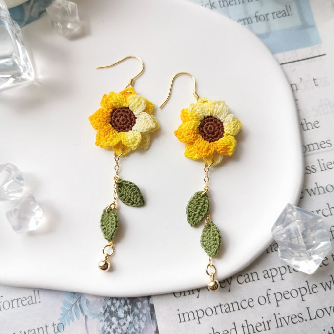 Sunflower Crochet Earrings & Rings - Handmade Lace Thread Micro Crochet Floral Ear Hooks, Studs, Dainty Rings - Hypoallergenic Flower Jewelry, Gift for Women, Boho Chic Accessories
