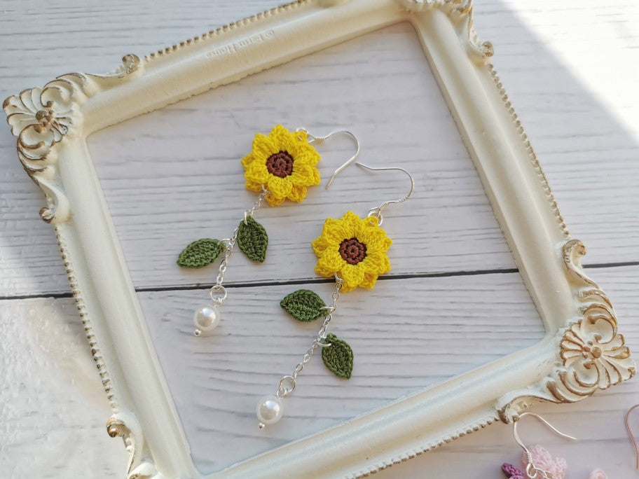 Sunflower Crochet Earrings & Rings - Handmade Lace Thread Micro Crochet Floral Ear Hooks, Studs, Dainty Rings - Hypoallergenic Flower Jewelry, Gift for Women, Boho Chic Accessories
