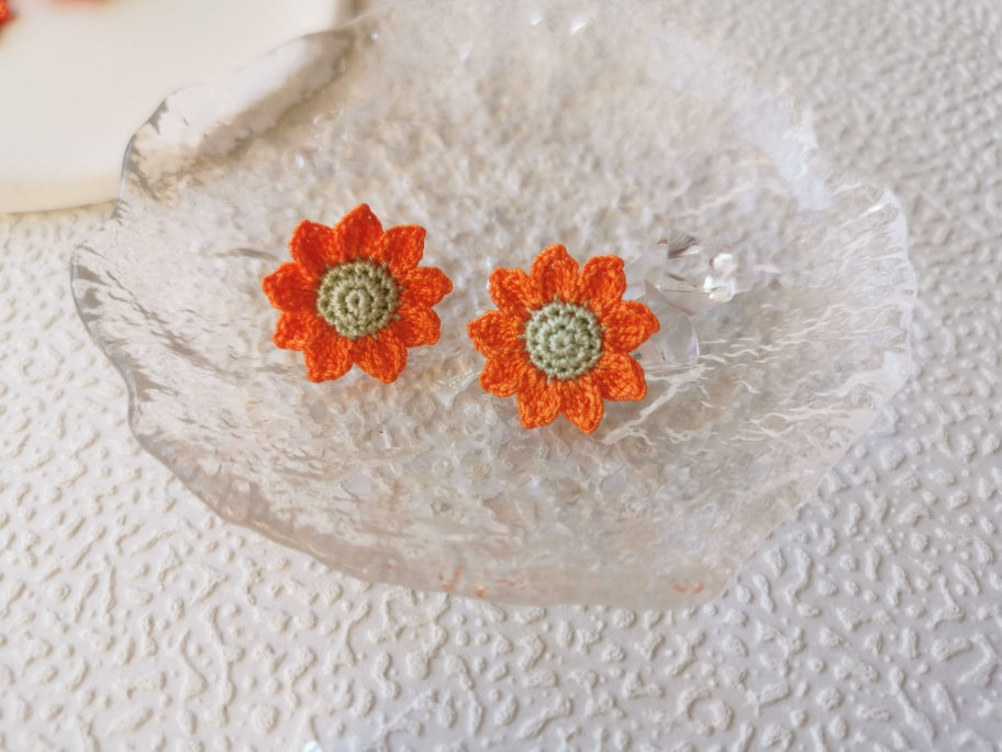 Sunflower Crochet Earrings & Rings - Handmade Lace Thread Micro Crochet Floral Ear Hooks, Studs, Dainty Rings - Hypoallergenic Flower Jewelry, Gift for Women, Boho Chic Accessories
