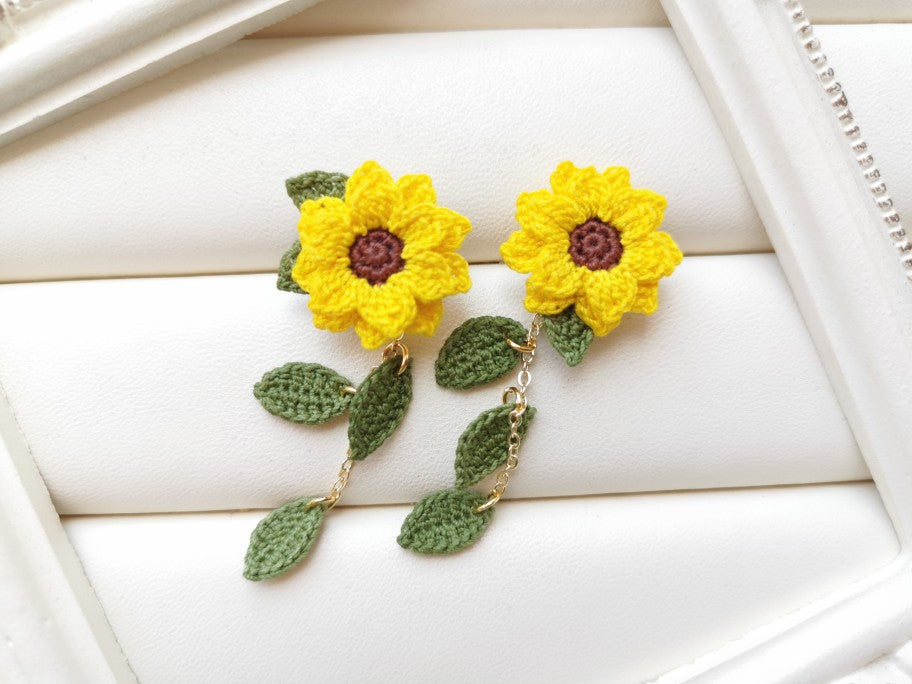 Sunflower Crochet Earrings & Rings - Handmade Lace Thread Micro Crochet Floral Ear Hooks, Studs, Dainty Rings - Hypoallergenic Flower Jewelry, Gift for Women, Boho Chic Accessories