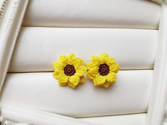 Sunflower Crochet Earrings & Rings - Handmade Lace Thread Micro Crochet Floral Ear Hooks, Studs, Dainty Rings - Hypoallergenic Flower Jewelry, Gift for Women, Boho Chic Accessories