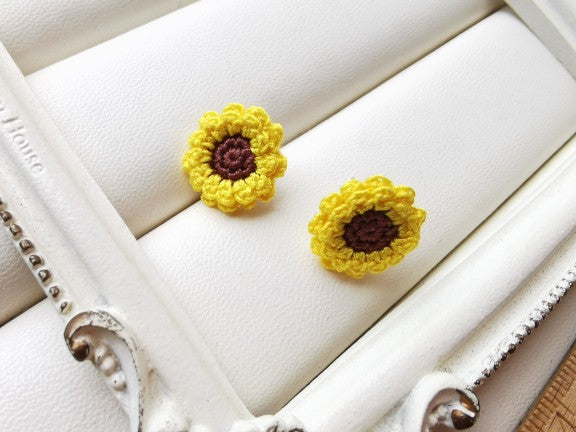 Sunflower Crochet Earrings & Rings - Handmade Lace Thread Micro Crochet Floral Ear Hooks, Studs, Dainty Rings - Hypoallergenic Flower Jewelry, Gift for Women, Boho Chic Accessories