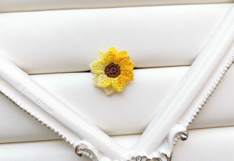 Sunflower Crochet Earrings & Rings - Handmade Lace Thread Micro Crochet Floral Ear Hooks, Studs, Dainty Rings - Hypoallergenic Flower Jewelry, Gift for Women, Boho Chic Accessories