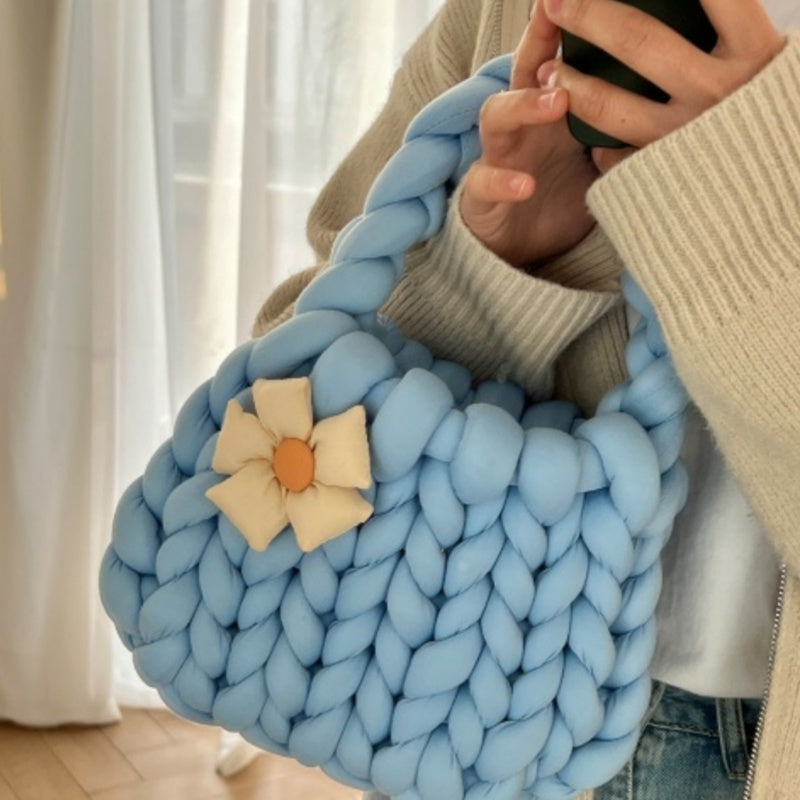 Handmade Crochet Tote Bag - Dopamine Flower Iceland Wool - Cute Women's Purse in 9 Colors: Cream, Avocado Green, Cherry Pink, Light Blue, Pink, Purple, Mint Green, White, Black