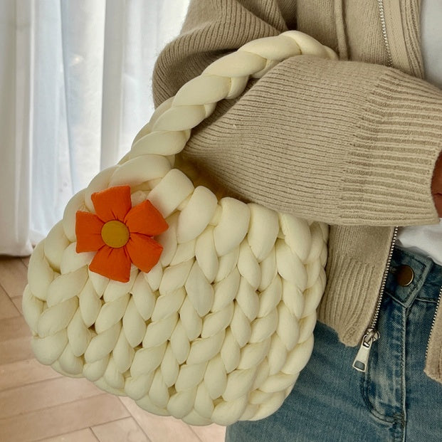 Handmade Crochet Tote Bag - Dopamine Flower Iceland Wool - Cute Women's Purse in 9 Colors: Cream, Avocado Green, Cherry Pink, Light Blue, Pink, Purple, Mint Green, White, Black