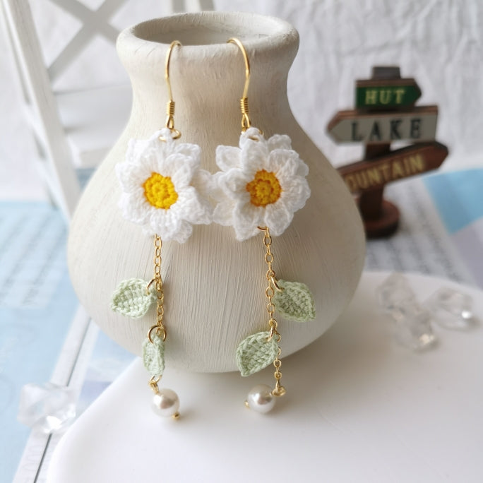 Sunflower Crochet Earrings & Rings - Handmade Lace Thread Micro Crochet Floral Ear Hooks, Studs, Dainty Rings - Hypoallergenic Flower Jewelry, Gift for Women, Boho Chic Accessories