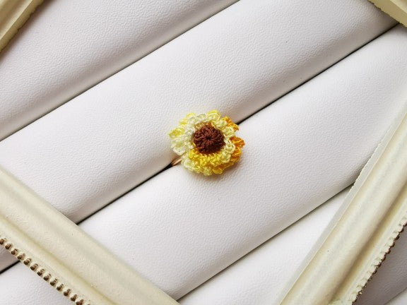 Sunflower Crochet Earrings & Rings - Handmade Lace Thread Micro Crochet Floral Ear Hooks, Studs, Dainty Rings - Hypoallergenic Flower Jewelry, Gift for Women, Boho Chic Accessories