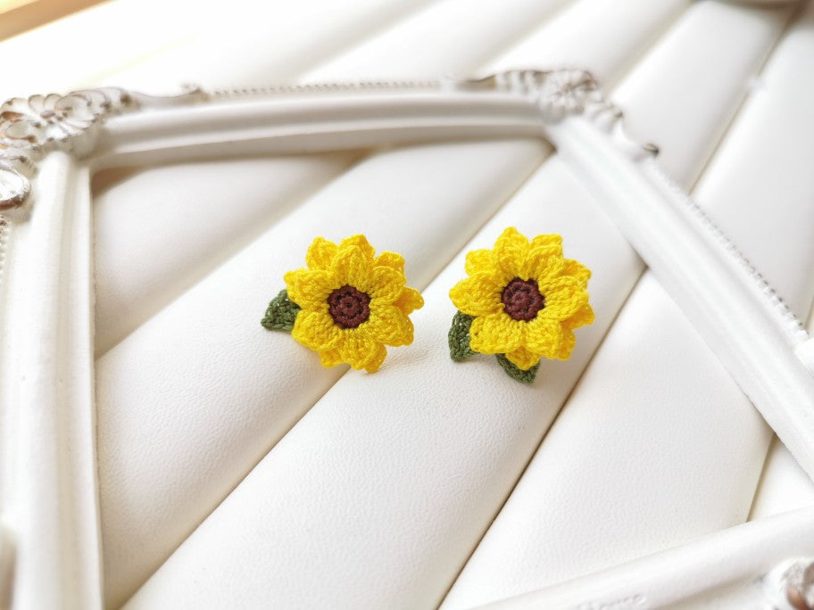 Sunflower Crochet Earrings & Rings - Handmade Lace Thread Micro Crochet Floral Ear Hooks, Studs, Dainty Rings - Hypoallergenic Flower Jewelry, Gift for Women, Boho Chic Accessories