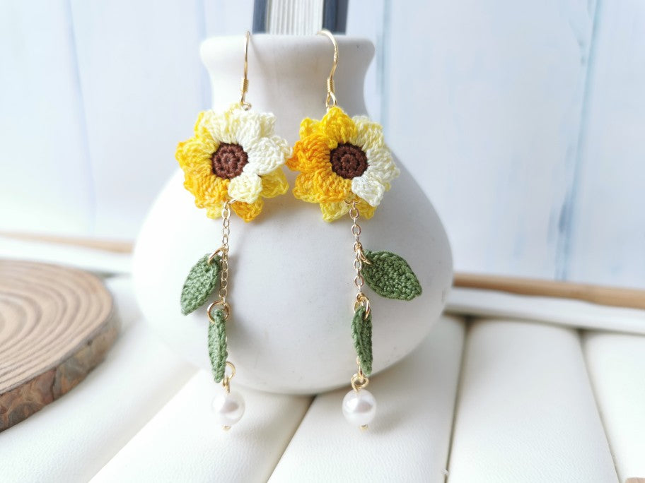 Sunflower Crochet Earrings & Rings - Handmade Lace Thread Micro Crochet Floral Ear Hooks, Studs, Dainty Rings - Hypoallergenic Flower Jewelry, Gift for Women, Boho Chic Accessories