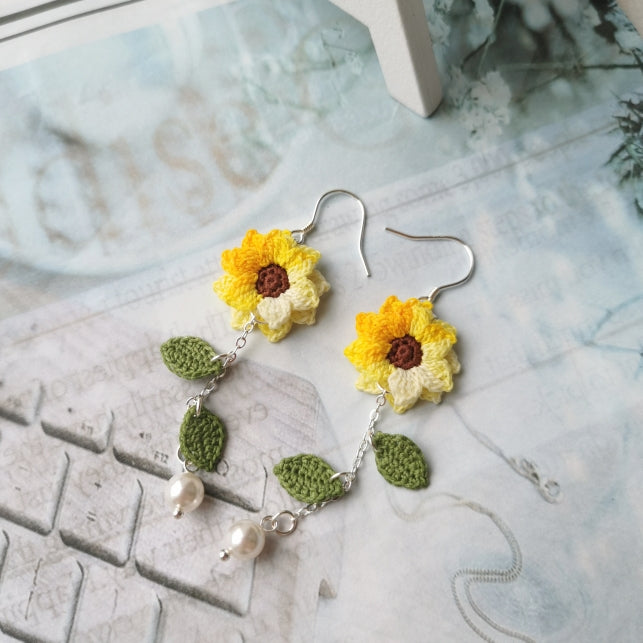 Sunflower Crochet Earrings & Rings - Handmade Lace Thread Micro Crochet Floral Ear Hooks, Studs, Dainty Rings - Hypoallergenic Flower Jewelry, Gift for Women, Boho Chic Accessories
