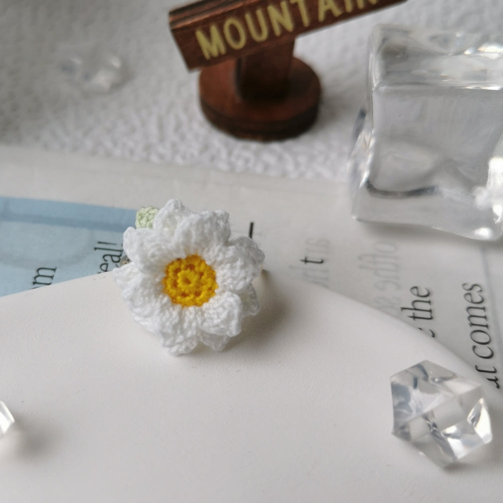 Sunflower Crochet Earrings & Rings - Handmade Lace Thread Micro Crochet Floral Ear Hooks, Studs, Dainty Rings - Hypoallergenic Flower Jewelry, Gift for Women, Boho Chic Accessories