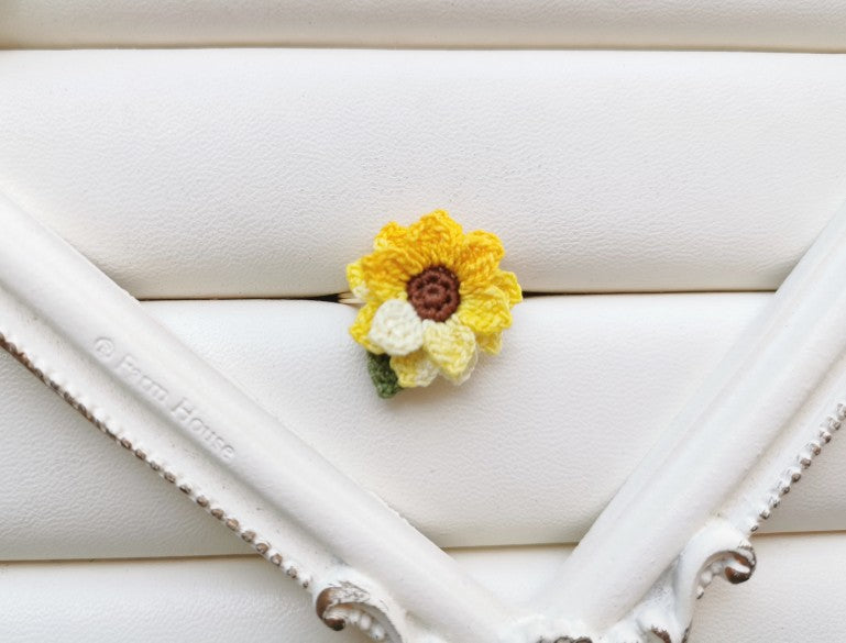 Sunflower Crochet Earrings & Rings - Handmade Lace Thread Micro Crochet Floral Ear Hooks, Studs, Dainty Rings - Hypoallergenic Flower Jewelry, Gift for Women, Boho Chic Accessories